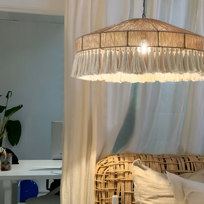 Woven Natural Fiber Ceiling Light Fixture with Tassel Detail for Dining Room, Bedroom & Living Room | Handcrafted Bohemian Style