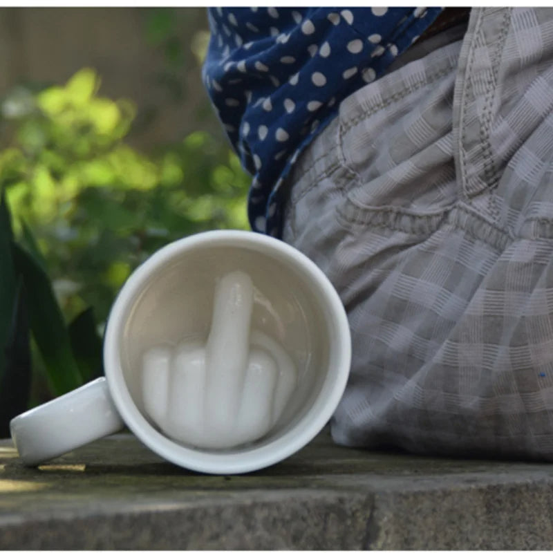 Novelty Coffee Mug with Raised Finger Handle White Ceramic 12 oz for Home Office Kitchen