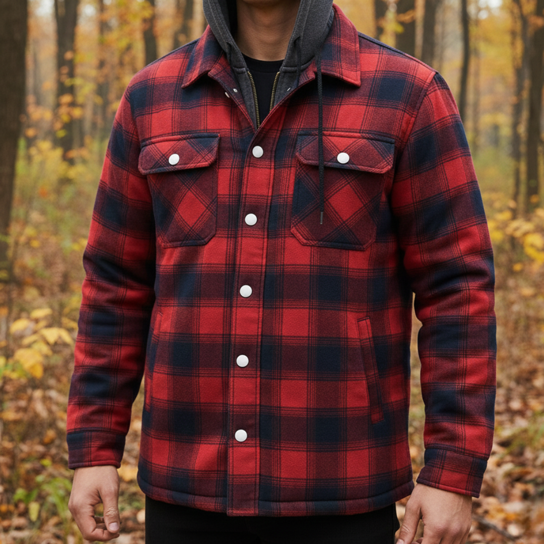 Quilted Plaid Flannel Shirt Jacket with Removable Hood for Men – Button Front & Zip Closure