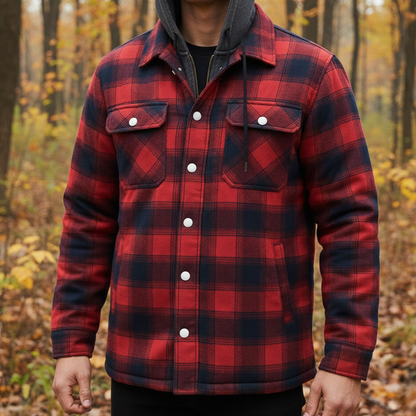 Quilted Plaid Flannel Shirt Jacket with Removable Hood for Men – Button Front & Zip Closure