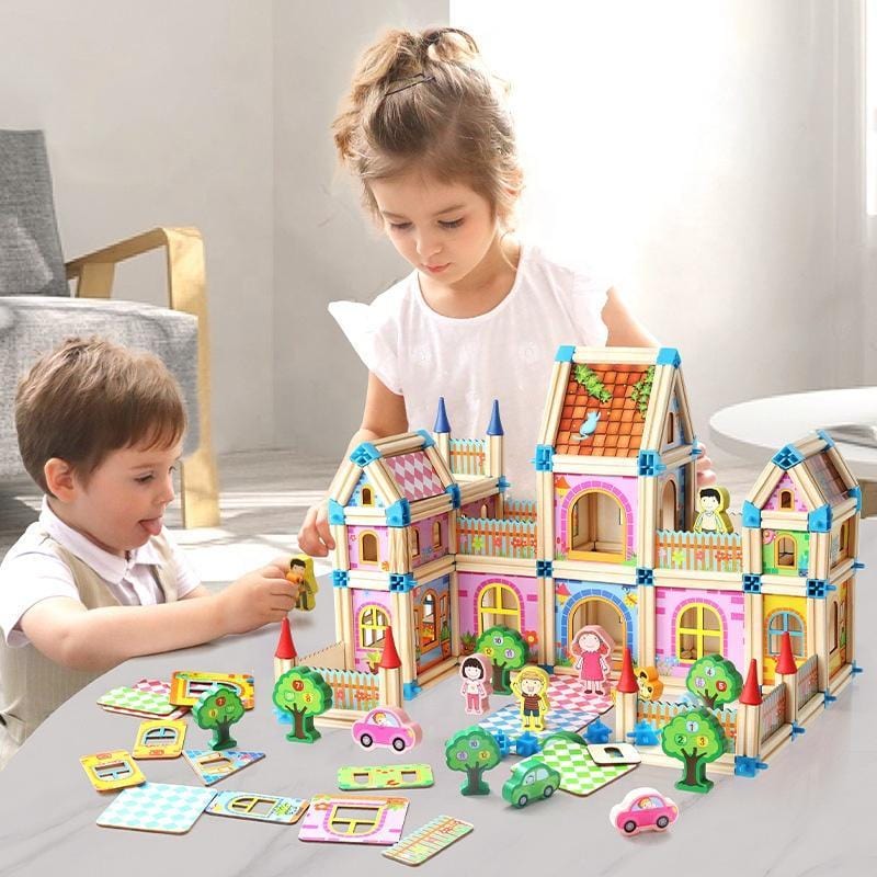 Wooden Modular Dollhouse Construction Set – Creative Building Activity for Kids Age 2+ with Architectural Pieces, Doors & Windows