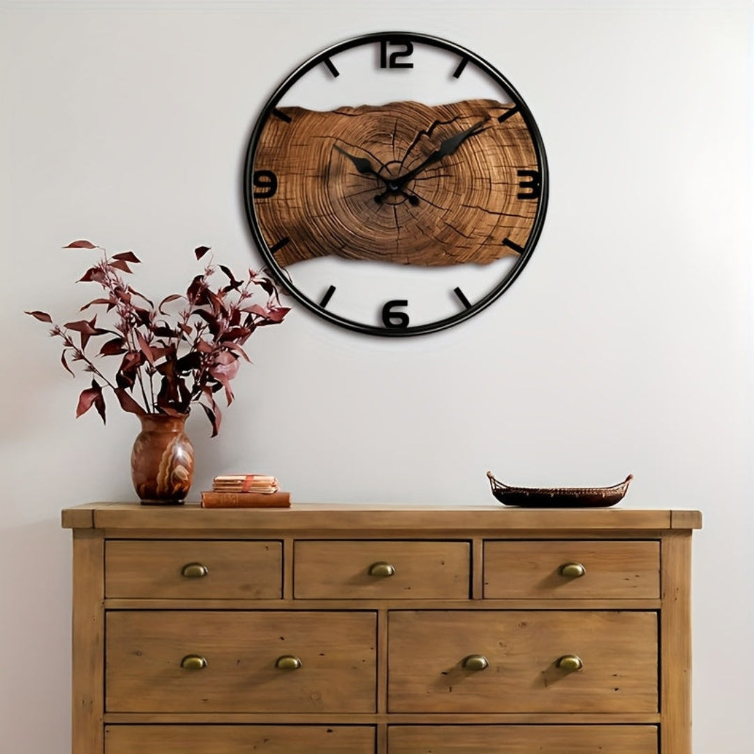 Rustic Carved Wood Wall Clock Silent Sweep Movement for Living Room & Bedroom Decor