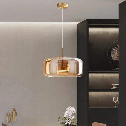 Glass Drop Ceiling Fixture 40 in Adjustable Height Cognac Smoke Gray Over Island Dining Table Modern Nordic Minimalist Hanging Lamp Bedroom