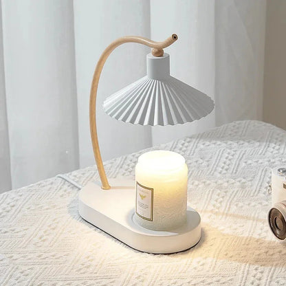 Tabletop Wax Melt Warmer with LED Glow - Wood Accent & Pleated Fabric Shade for Scent Diffusion & Gentle Illumination