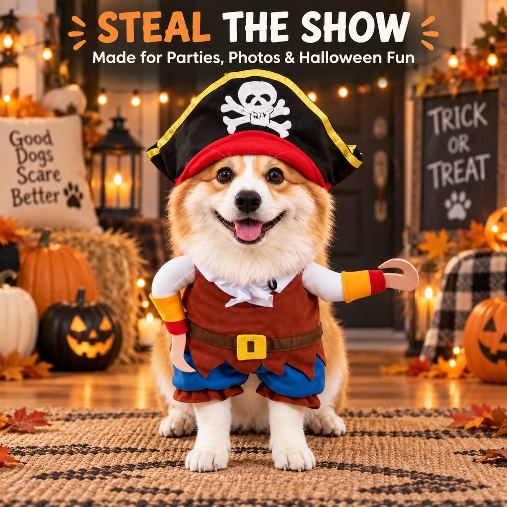 Ortekor Funny Pirate Dog Costume with Hat & Hook Arms - Complete Halloween Party & Photo Outfit for an Instant 3D Pirate Look