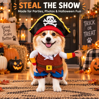 Ortekor Funny Pirate Dog Costume with Hat & Hook Arms - Complete Halloween Party & Photo Outfit for an Instant 3D Pirate Look
