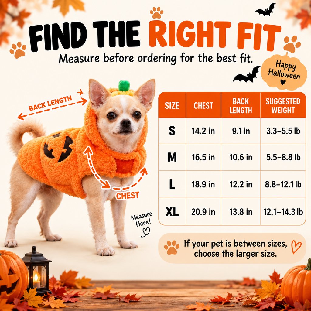 Ortekor 3D Pumpkin Dog Halloween Costume - Plush Jack-O'-Lantern Outfit for Parties, Trick-or-Treat & Photos with Easy Hook-and-Loop Fit