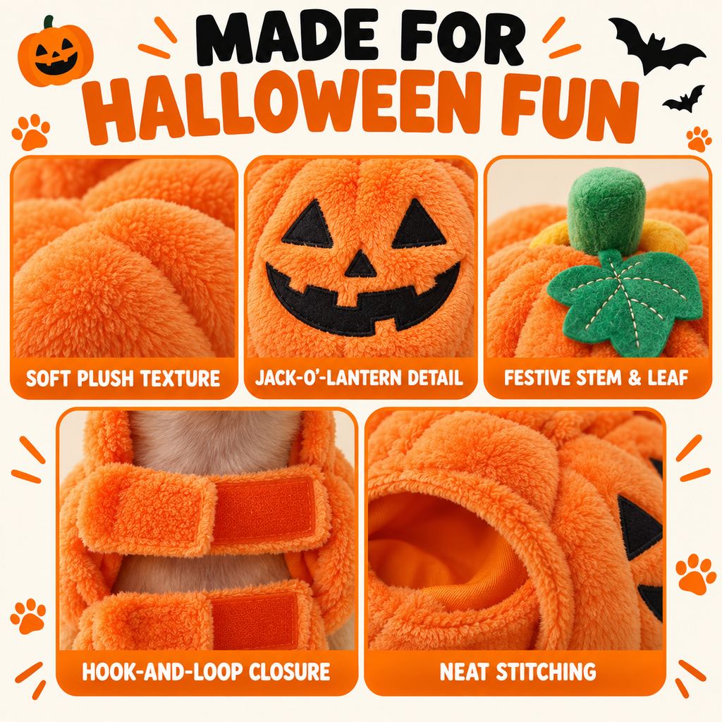Ortekor 3D Pumpkin Dog Halloween Costume - Plush Jack-O'-Lantern Outfit for Parties, Trick-or-Treat & Photos with Easy Hook-and-Loop Fit