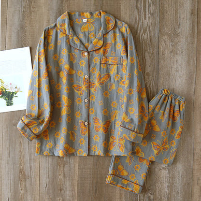 Women's Vintage Butterfly Print Cotton Pajama Set Short Sleeve Two Piece Sleepwear for Spring Summer Loungewear