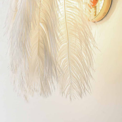 Feathered Sconce with Plume Shade for Bedroom Reading Nook Hallway Ambient Glow 9-Inch Iron Arm E26 Socket Adjustable Tone Options White Tex