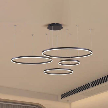Multi-Ring LED Chandelier Adjustable Height Metal Acrylic Fixture 16-31 Inch Diameter Dimmable Suspended Ceiling Light for Dining Room Kitch