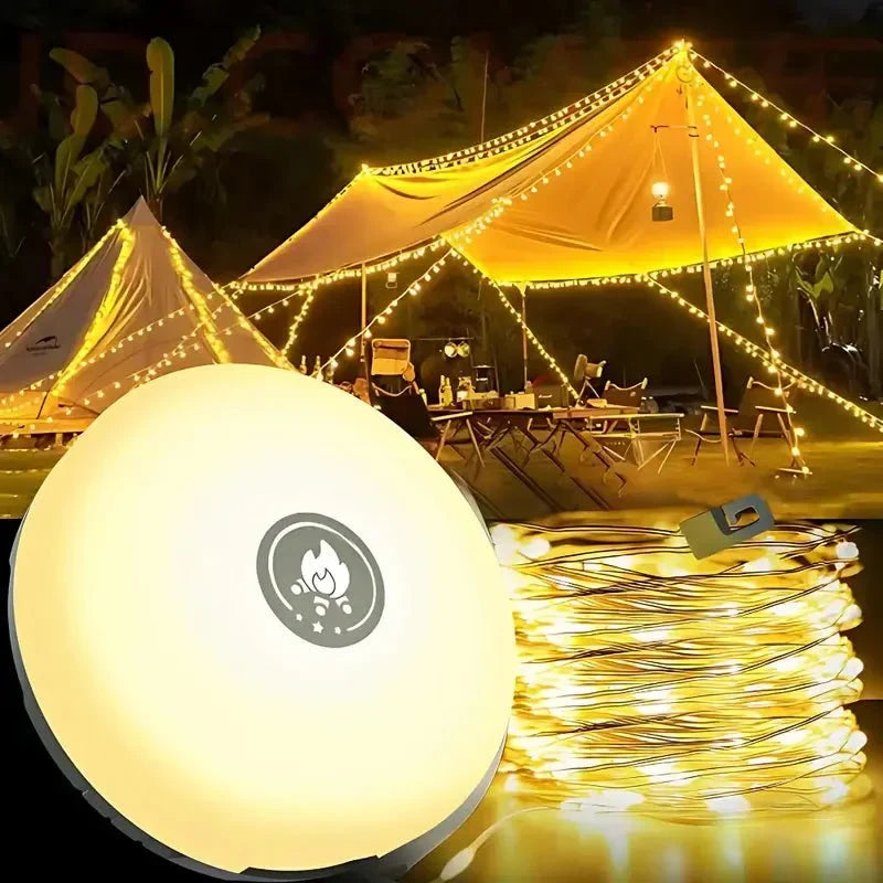 Rechargeable LED Camping Lantern with 33 ft Retractable String Lights | Magnetic Mount Outdoor Tent Light | Waterproof Portable Camp