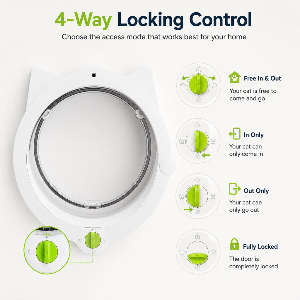 Ortekor 4-Way Locking Interior Cat Door for Litter Box Cabinets & Rooms - Private Access Without Door Scratching