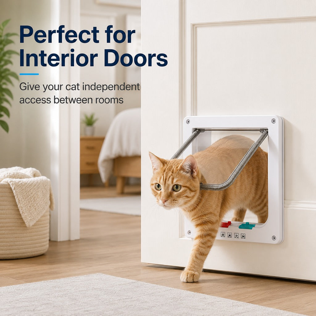 Ortekor 4-Way Locking Cat Door for Interior Doors & Litter Box Cabinets - Let Cats Come and Go Without Scratching