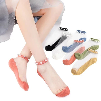 Ankle Socks Pearl-Embellished Ultra-Thin Set of 10
