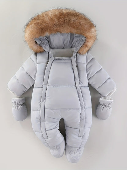Insulated Infant Jumpsuit with Hood and Mittens for Stroller Trips | Cold Season One-Piece Outfit | Newborn Through 12 Months Gray Quilted B