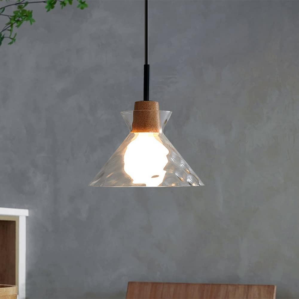 Wood & Glass Drop Light for Counter | Adjustable Height Cord Fixture with Clear Textured Shade | Nordic Style