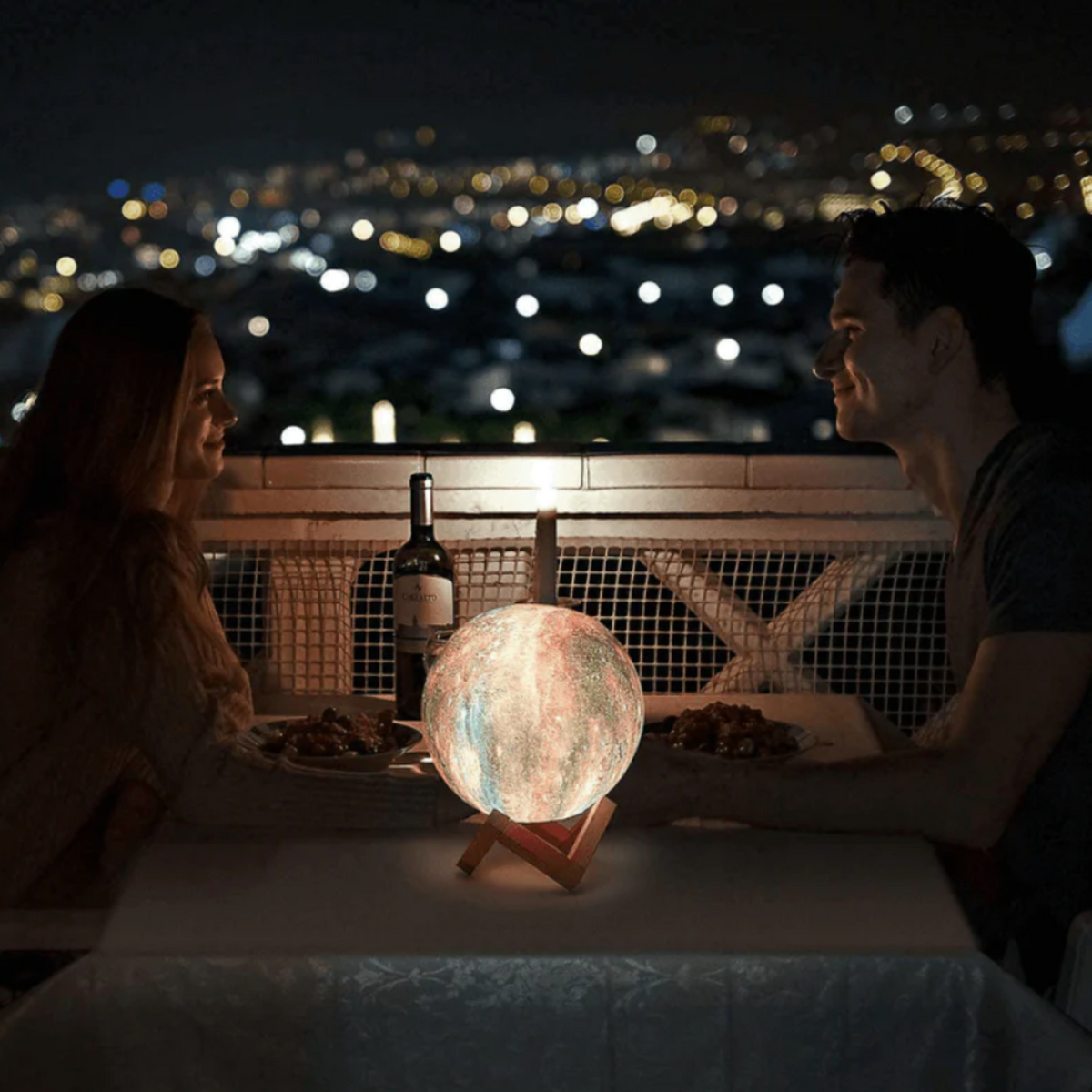 3D Printed Lunar Surface Night Light with Remote Control 16-Color LED Sphere on Wood Base for Bedroom Desk Space Decor