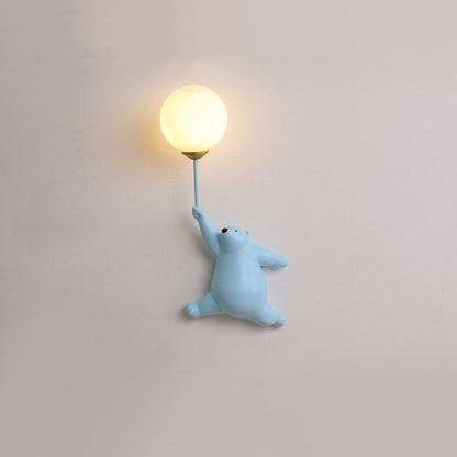 Bear with Balloon Wall Sconce Light for Kids Room Nursery Bedroom Playroom Resin Animal Design Accent Lighting White Blue Pink