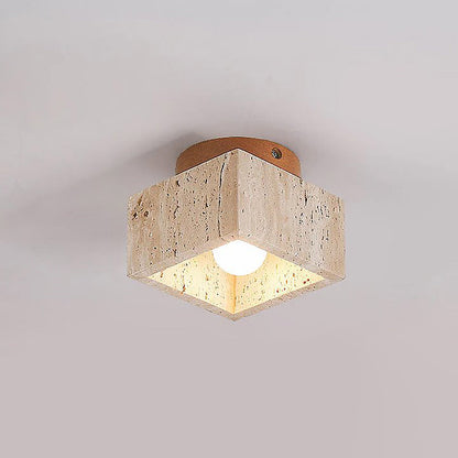 Flush Mount Stone & Wood Light Fixture 10 in Round Natural Beige for Low Ceilings Bedroom Entryway Cozy Overhead Lighting E26 Base