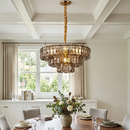 Textured Glass Round Chandelier with Curved Panels in Metallic Finish for Dining Room & Living Room | 24 to 60 Inch