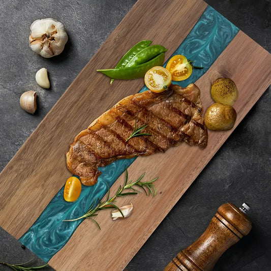 Acacia Wood Serving Board with Blue Resin River Design 18x9 Inch Charcuterie Platter Butcher Block Cutting Surface for Cheese Meat Bread