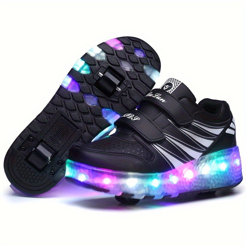 Kids Light-Up Wheeled Shoes with Removable Rollers LED Sneakers Hook-and-Loop Strap Pink Faux Leather for Boys Girls Active Play