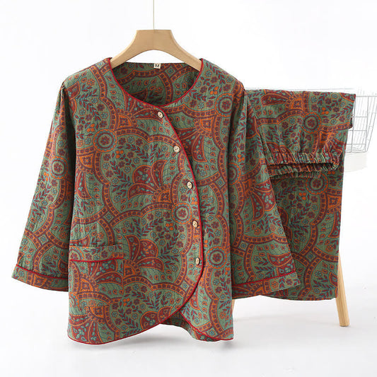 Women's Cotton Pajama Set Round Neck Vintage Jacquard Long Sleeve Loungewear Sleepwear with Side Buttons for Spring Summer Fall