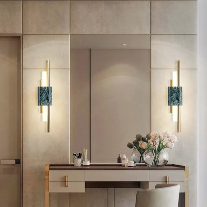 Modern Linear Wall Sconce with Marble Accents – Metal Construction, Warm LED Lighting for Bedroom & Living Room