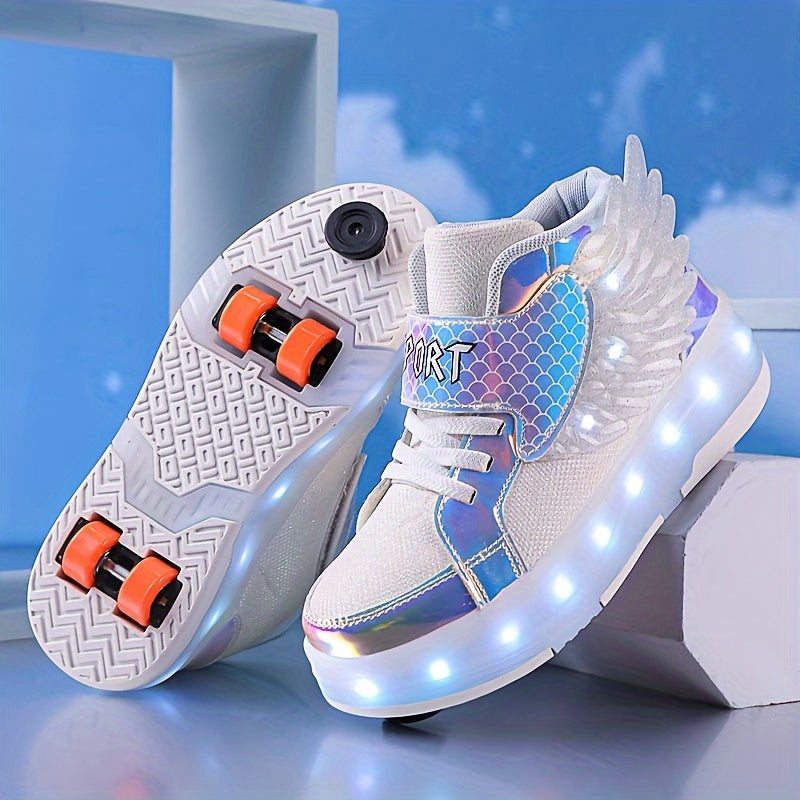 LED Light-Up Wheeled Sneakers for Kids – Pink Canvas High-Top with Wing Design & USB Charging for Girls & Teens