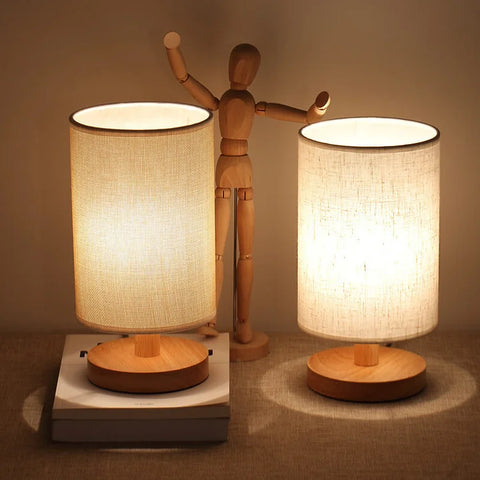 Dimmable LED Lamp with Remote, Wooden Lamp with Fabric Design, USB Lamp with Three Color Temperatures