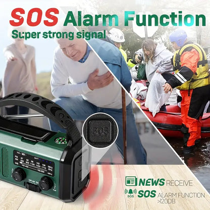 Emergency Hand Crank Weather Radio with 10000mAh Power Bank, Solar Charging, LED Flashlight, SOS Alarm for Camping Hiking Storms Blackouts