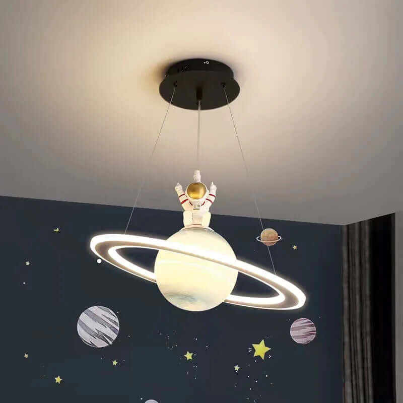 Hanging Space-Themed Fixture for Kids' Rooms Blue Acrylic Spherical Ceiling Lamp with LED Ring Light for Nursery Playroom Bedroom Decor Susp