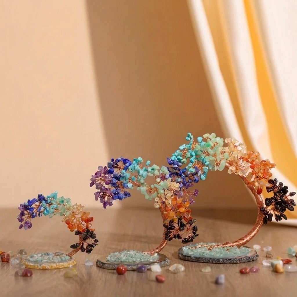Chakra Crystal Tree Sculpture with Copper Wire & Natural Gemstones for Home Decor