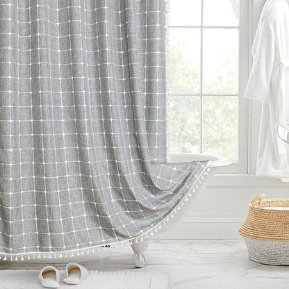 Waterproof Bath Curtain with Tassel Trim 71 x 79 Inches Gray Woven Linen Privacy Screen for Bohemian Bathrooms Country Style Decor Machine W
