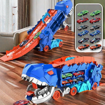 Dinosaur Carrier Truck with Race Track & Die-Cast Cars for Kids - 3-in-1 Transforming T-Rex Hauler for Boys & Girls