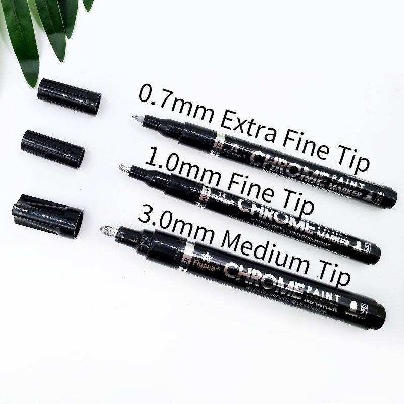 Reflective Chrome Ink Art Pen – Ultra-Glossy Metallic Writing Marker for Crafts, Glass, Plastic & More – 3 Tip Sizes Available