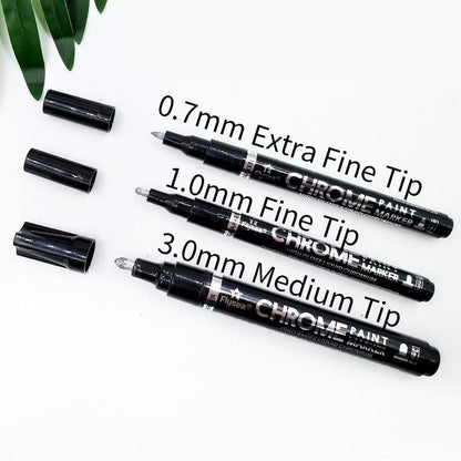 Reflective Chrome Ink Art Pen – Ultra-Glossy Metallic Writing Marker for Crafts, Glass, Plastic & More – 3 Tip Sizes Available