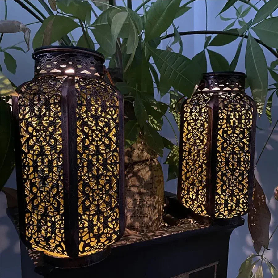 Openwork Metal Solar Lantern 9.3 in Hanging or Tabletop Garden Patio Light Outdoor Decorative Moroccan-Inspired Design for Porch Balcony Pat