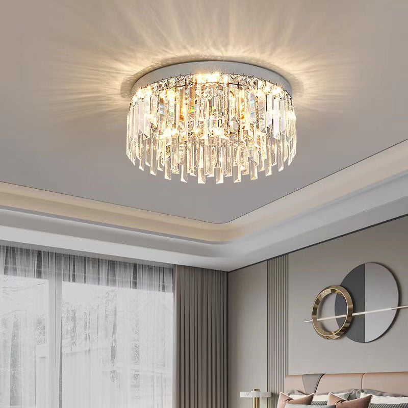 Flush Mount LED Chandelier with Crystal Accents – Chrome Stainless Steel Round Fixture for Bedroom, Dining Room, Kitchen & Hotel – Dimmable