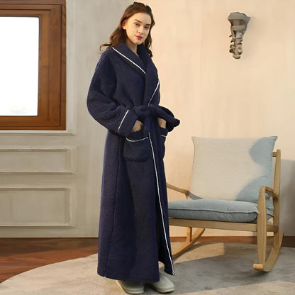 Plush Coral Fleece Bathrobe with Shawl Collar & Pockets – Unisex Lounge Robe for Year-Round Wear
