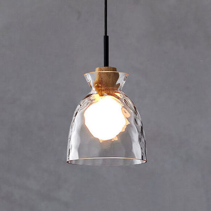 Clear Glass Pendant Light with Wood Accent E26 Socket for Kitchen Island Dining Room Bedroom Ceiling Fixture Hardwired Hanging Lamp