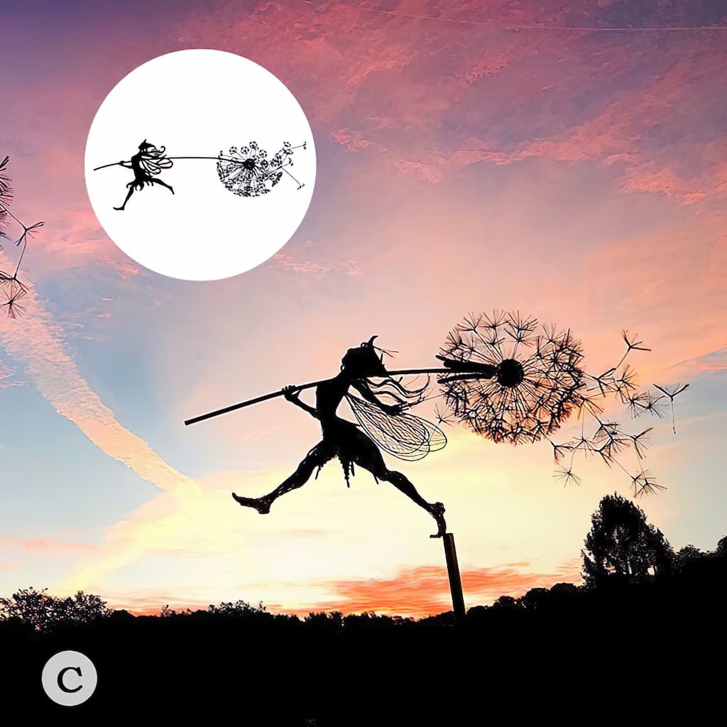 Metal Fairy Garden Stake with Dandelion Silhouette – Whimsical Outdoor Yard Art, Weather-Resistant Lawn Ornament for Flower Beds & Walkways
