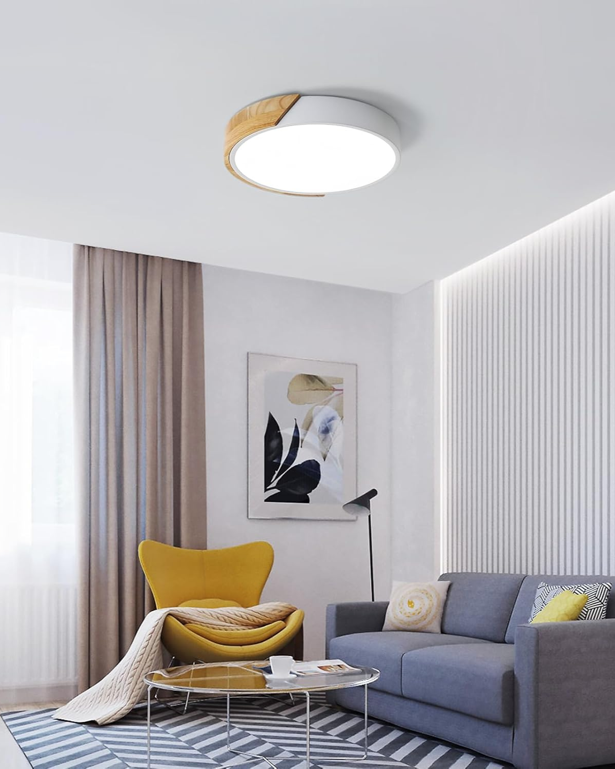 Round Flush Mount Ceiling Light with Wood Accent and Integrated LED – Modern Low Profile Fixture in 9, 12, 16, 20, and 24 inch Sizes for Liv
