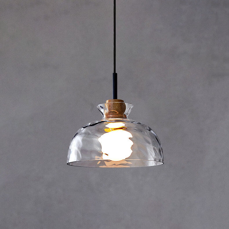 Clear Glass Pendant Light with Wood Accent E26 Socket for Kitchen Island Dining Room Bedroom Ceiling Fixture Hardwired Hanging Lamp