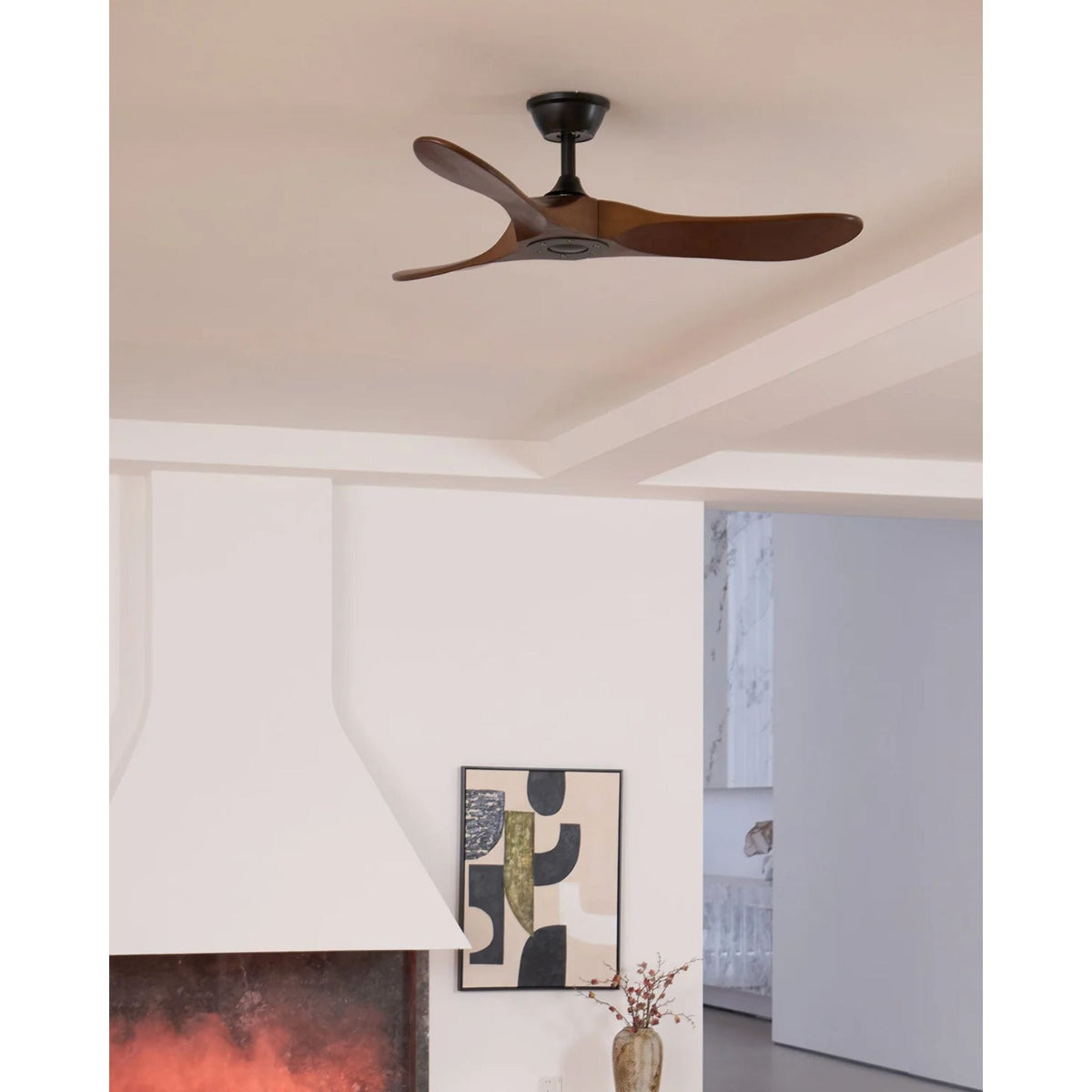 Wooden Blade Ceiling Fan with Remote Control 6 Speed Whisper-Quiet Motor Walnut Finish Adjustable Suspension for Living Room Bedroom Home Of