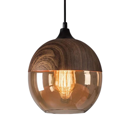 Glass Pendant Light with Wood-Look Metal – Scandinavian Hanging Fixture for Dining Room, Bedroom & Living Room