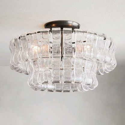 Textured Glass Flush Mount Ceiling Light 18-Inch Brass Finish 3-Light Modern Fixture for Living Room Bedroom Dining Room Entryway