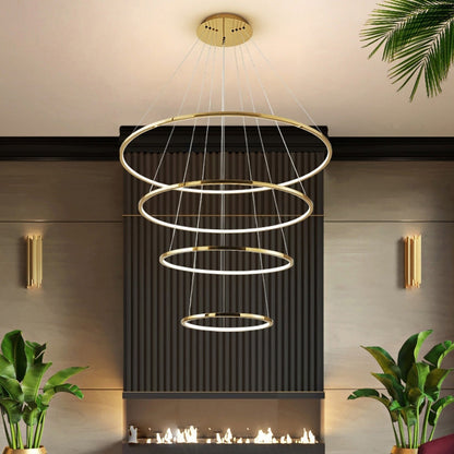 Multi-Tier Cascading LED Ring Fixture for Grand Entryways and Tall Staircases – Height-Adjustable Modern Statement Lighting with Remote Dimm