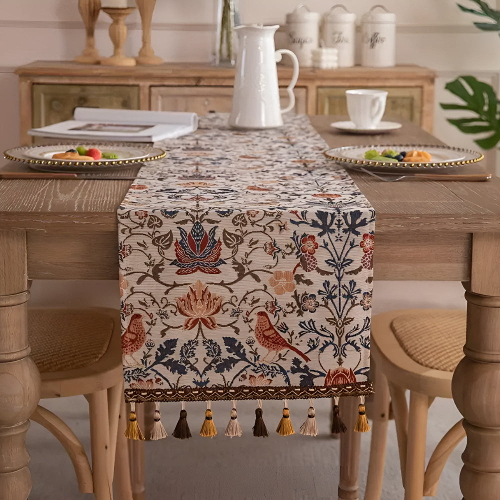 Woven Jacquard Table Runner with Tassels - Floral Bird Pattern for Dining & Coffee Tables - Vintage Countryside Design - Tassel Trim